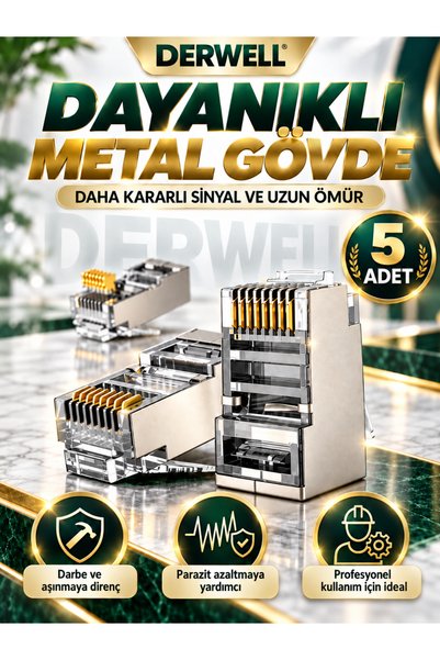 Derwell 5 Adet - RJ45 Cat6 Konnektör Metal Gövdeli Ağ Kablosu Jakı Altın Kaplama Kontak Yüksek Performanslı Stabil İnternet Bağlantısı Kolay Montaj Sağlam Kilit Yapılı Ethernet Plug Uç