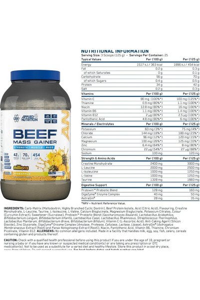 applied nutrition مكمل غذائي لزيادة الوزن والكتلة العضلية Beef Mass Gainer (بنكهة الأناناس / Millions Pineapple)، بوزن 3.13 كجم.