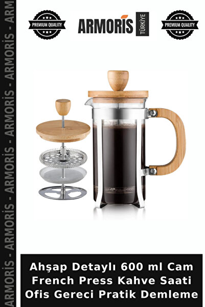 Ahşap Detaylı 600 ml Cam French Press Kahve Saati Ofis Gereci Pratik Demleme