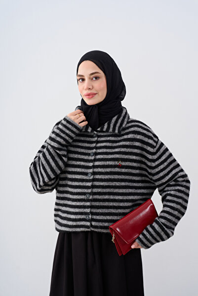 LOCCO Women's Thick Striped Knitwear Cardigan Black