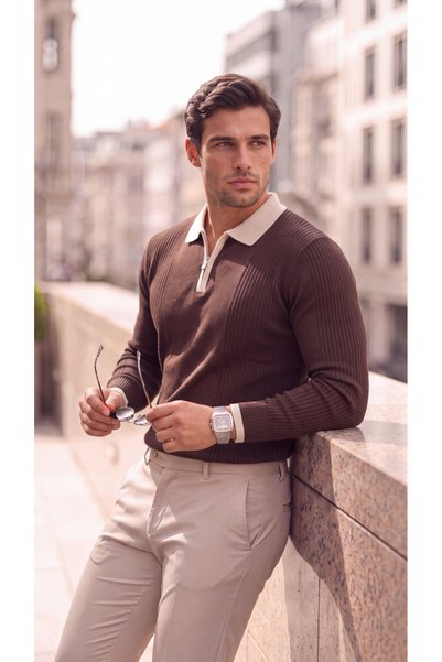 viyamen Men's Long Sleeve Slim Knitwear Polo Collar Zippered Ribbed T-Shirt