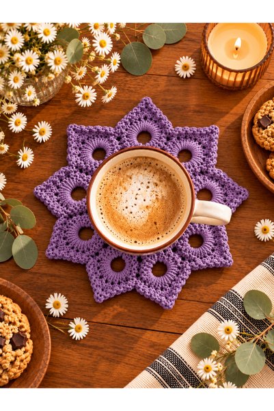 SevseHobi Hubush Rustic Coaster – Hand Knitted Star Motif Decorative Coaster Single-Purple