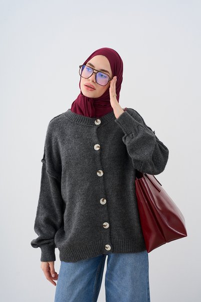 LOCCO Women's Buttoned Oversize Knitwear Cardigan Anthracite