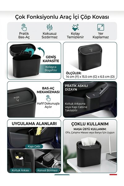 TEKNOLOJİ MADENİ Car Trash Can – Portable Organizer Bucket with Lid for Insid...