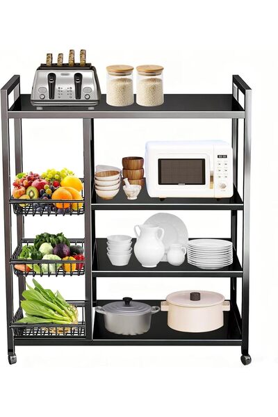 GENERAL 4-Tier Kitchen Storage Shelf Unit, Rolling Utility Cart with 3 Pull-O...
