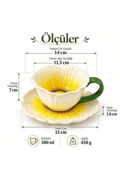 valkyrie Gelincik Serisi Çiçek Tasarımlı Fincan ve Tabak Seti 350 ml Dekoratif Kahve Çay Fincanı Sarı