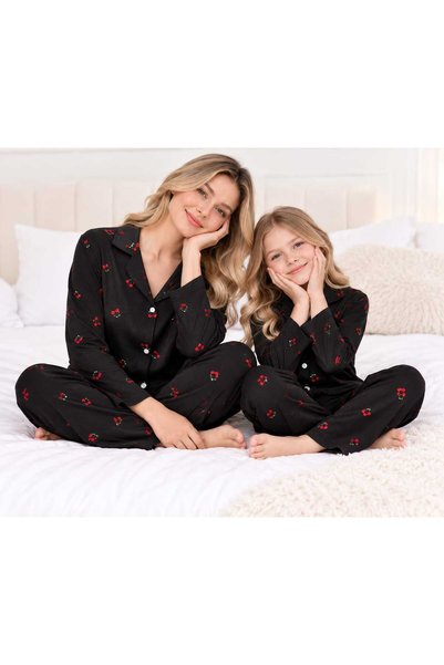 zahider Mother Daughter Matching Cotton Flowy Fabric Cherry Pattern Buttoned Long Sleeve Pajama Set (Sold Separately)