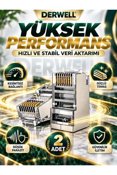 Derwell 2 Adet - RJ45 Cat6 Konnektör Metal Gövdeli Ağ Kablosu Jakı Altın Kaplama Kontak Yüksek Performanslı Stabil İnternet Bağlantısı Kolay Montaj Sağlam Kilit Yapılı Ethernet Plug Uç