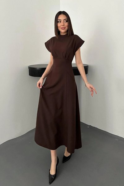 bysocafashion فستان نسائي بني اللون بياقة عالية وأكمام قصيرة وخصر ضيق وتنورة ...