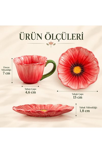 valkyrie Gelincik Serisi Çiçek Tasarımlı Fincan ve Tabak Seti 350 ml Dekoratif Kahve Çay Fincanı Krm