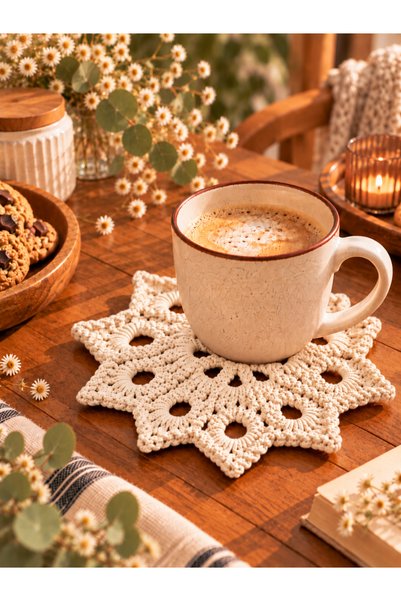 SevseHobi Hubush Rustic Coaster – Hand-Knitted Star Motif Decorative Coaster Single - Ecru