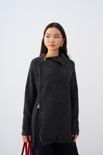 LOCCO Women's Gold Zippered Knitwear Sweater Anthracite