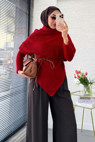 MELEK ARAZ Premium Balıkçı Yaka Asimetrik Kesim Triko Bluz - Kırmızı