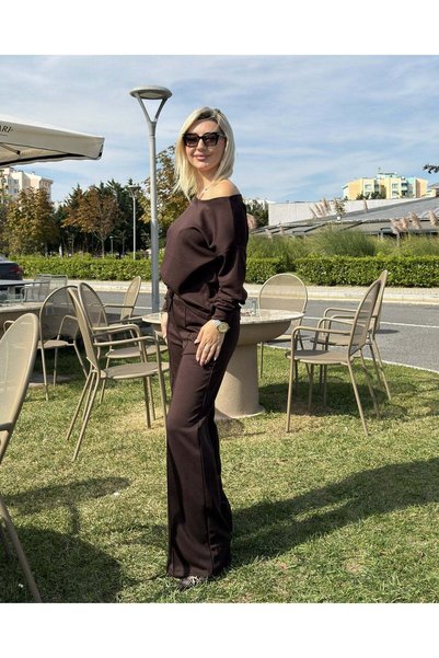Harmony Fashion Kadın Acı Kahve Kayık Yaka Modal İkili Takım