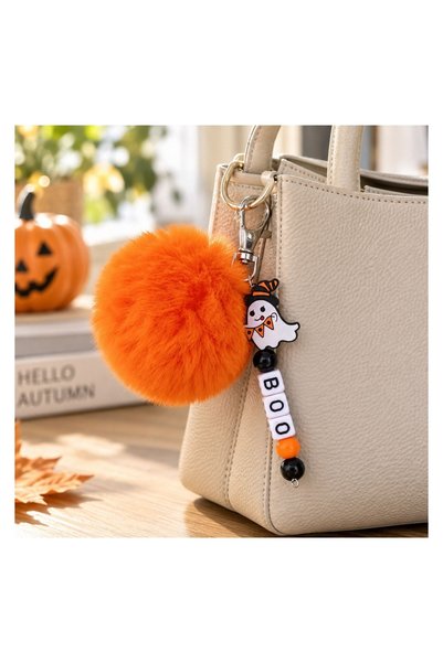 OEM Breloc Halloween Charm cu Pompon Portocaliu Fantoma si Mărgele "Boo" 12 c...