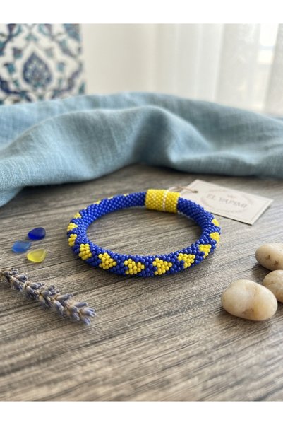 GENCATELİER Handmade Crochet Beaded Bracelet - Blue and Yellow Patterned Auth...
