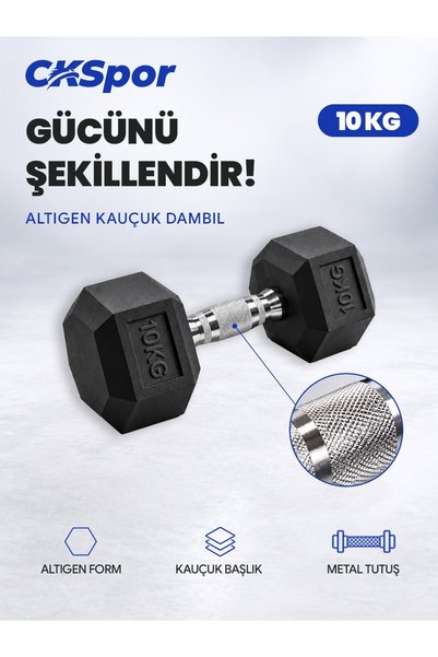 CKSpor 10 Kg Altıgen Kauçuk Dambıl Hex Dumbbell Fitness Kuvvet Antrenmanı Ağırlığı