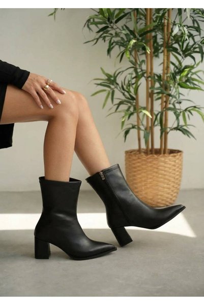 luffora store Women's Black Pointed Toe Thick Heeled Zippered Ankle Boots Sty...