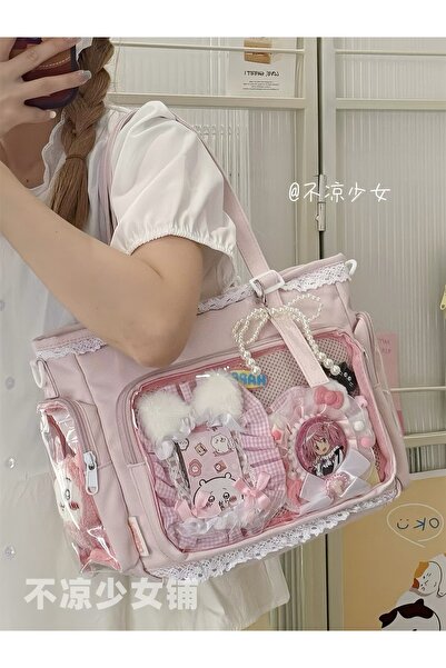 synshop Ita Bag Pembe Dantelli Şeffaf Tote Omuz Çanta Kore Japon Y2k Lüx Kadı...
