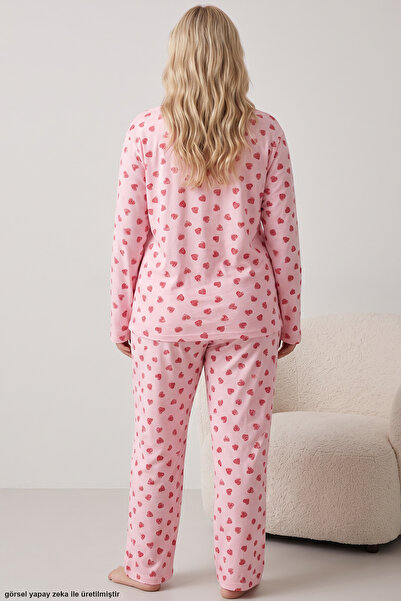 Siyah İnci Kırmızı Kalp Baskılı Büyük Beden Battal Boy Örme Pijama Takım 8089