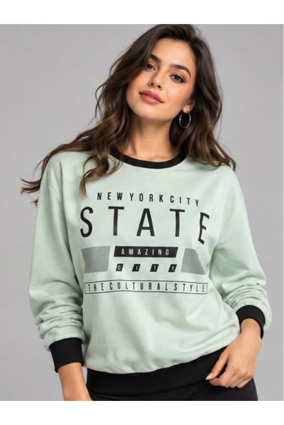 gökçesu Kadın İnce Kumaş Yıkanmış Baskılı Mevsimlik İnce Sweatshirt