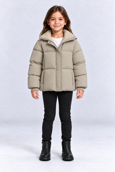 AHENGİM Beige Lilac Girls' Inflatable Coat with Stand Collar, Zipper and Pockets, Plush Lining Ak4304