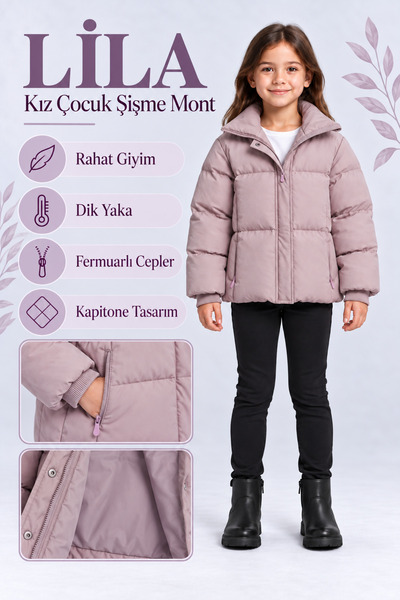 AHENGİM Beige Lilac Girls' Inflatable Coat with Stand Collar, Zipper and Pockets, Plush Lining Ak4304