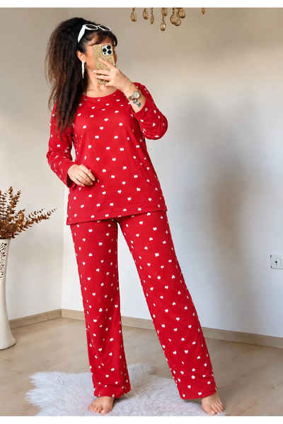 AZRA BUTİK Kırmızı Kalpli Pijama Takımı