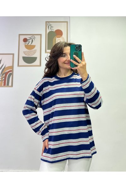 bydenizcollection Crew Neck Thick Striped Soft Fabric Sweatshirt