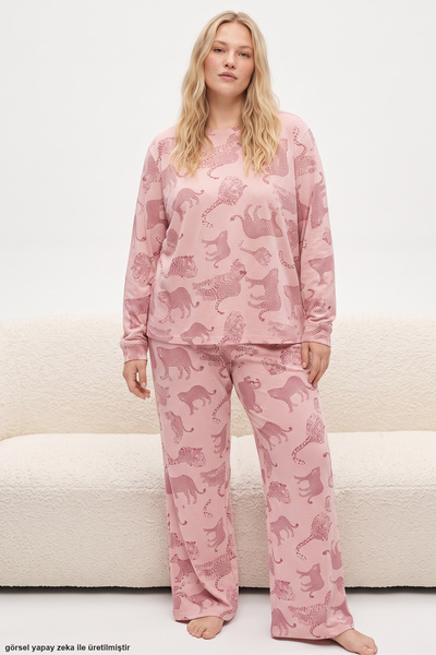 Siyah İnci Pudra Leopar Baskılı Büyük Beden Battal Boy Örme Pijama Takım 8089