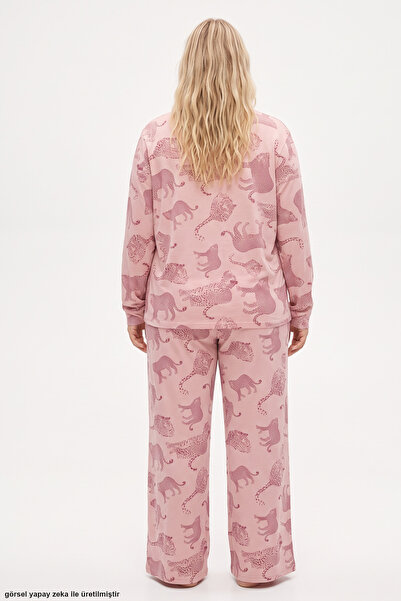 Siyah İnci Pudra Leopar Baskılı Büyük Beden Battal Boy Örme Pijama Takım 8089