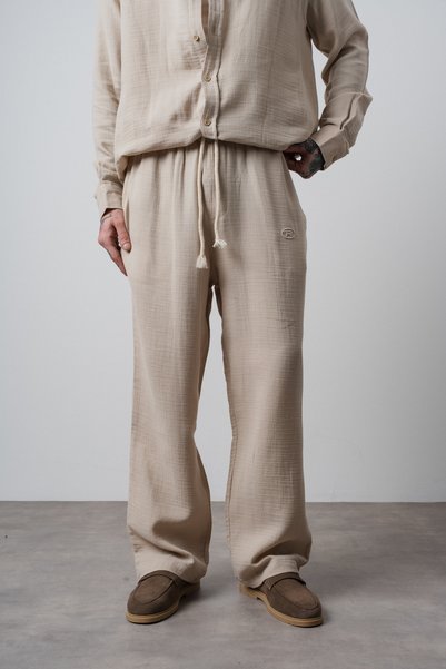 Respire Pantaloni Largi Bărbați, Pantaloni din Muselină Supradimensionați de Vară cu Talie Elastică și Broderie R
