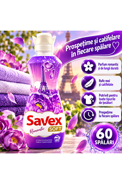 SAVEX Balsam de rufe Soft Romantic, concentrat, 60 spălări, 1.5L , parfum flo...