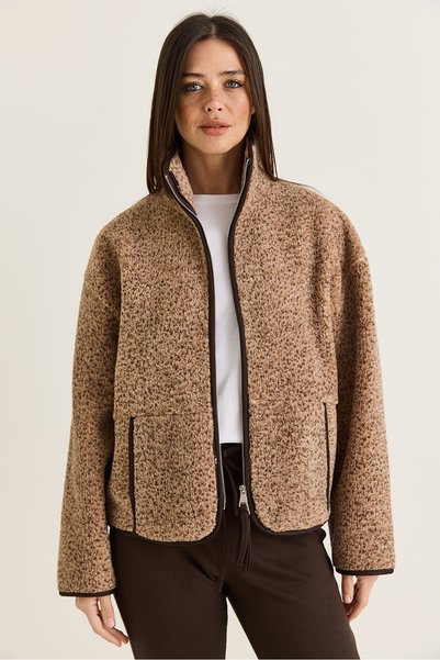 Bianco Lucci Kadın Sütlü Kahve Dik Yaka Cep Detaylı Biyeli Çift Fermuarlı Oversize Teddy Polar Sweat 2970 60286656