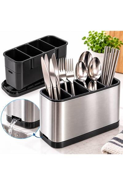 IRO Stainless Steel Cutlery Holder with Direct Water Drainage, 4 Compartments...