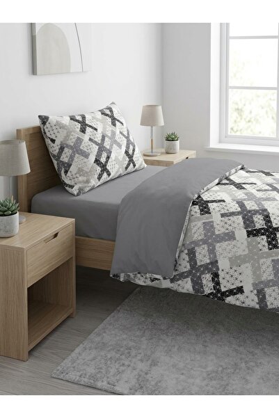 MORRİVAL Single Size X-Grey Model Double-Sided 120X200 Fitted Sheet Bedding Set, 3 Pieces Zippered 155X230 Duvet Cover