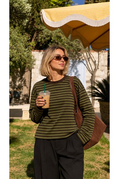 uyguntarz Kadın Yeşil Kahverengi Çizgili Bisiklet Yaka Oversize Sweatshirt