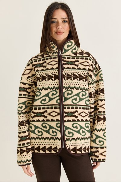 Bianco Lucci Hanorac din fleece pentru femei, cu model, guler înalt, buzunar ...