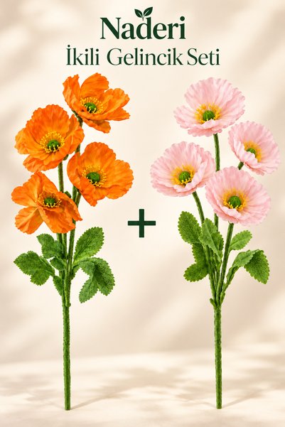 Naderi Çiçeği 2 Adet Yapay Gelincik Dalı 60 cm Turuncu ve Açık Pembe Her Dal ...