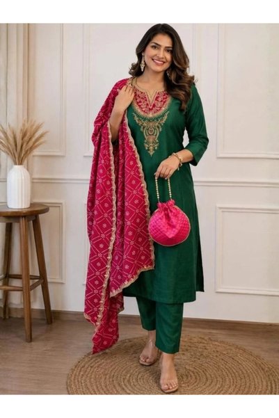 MYSMAR Dark Green Slub Cotton Embroidered Kurti Pant Set - LRN9483 | Dark Gre...