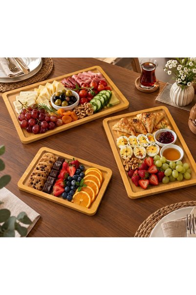 TAHTALI HOME 3’lü Bambu Görünümlü Ahşap Sunum ve Servis Tepsisi Seti – Küçük,...