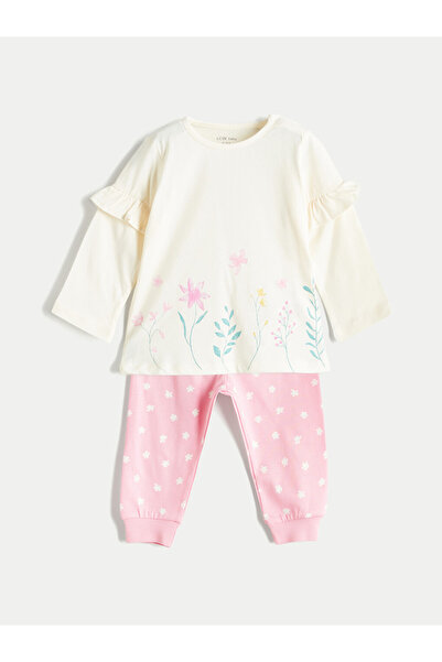 LC Waikiki Set Floral Basic pentru Bebeluși Fete, Tricou și Pantaloni, 2 Bucăți