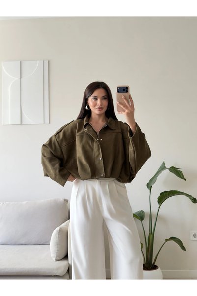 Zoom Butik Oversize Süet Balon Ceket - HAKİ