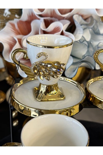 LOKMAN ZÜCCACİYE SHOWROOM 6-Piece Colorful Swan Bronze Porcelain Coffee Cup Set 90ml