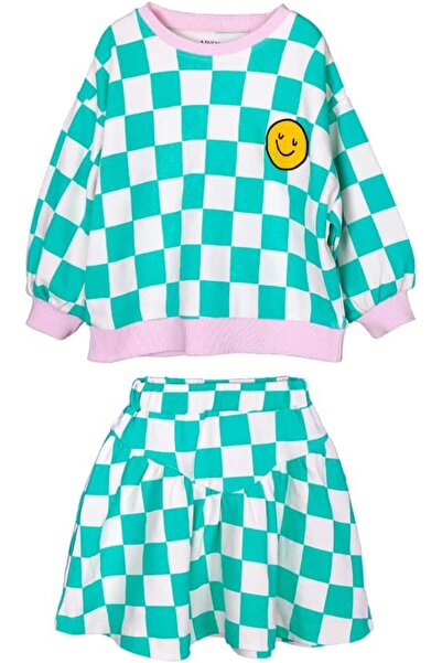 AIKO -Girls Green and White Long Sleeve Checked T-Shirt and Skirt Set-3-4Y