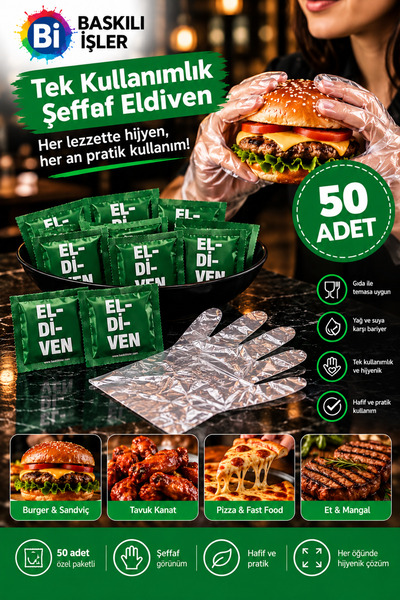 50 Adet Tek Kullanımlık Şeffaf Eldiven – Hijyenik, Pratik, Paketli Yemek Eldiveni | Burger, Tavuk, Kanat ve Fast Food İçin