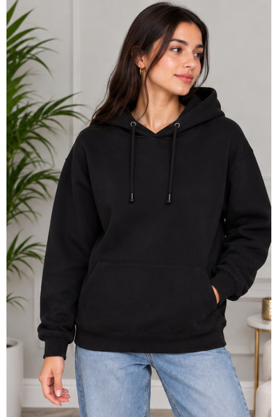 Kadın Siyah Oversize Kapüşonlu Sweatshirt