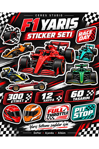 Ceres Studio F1 Yarış Arabaları ve Motor Sporları Sticker Seti - Defter, Ajanda ve Hediye Süsleme Etiketleri