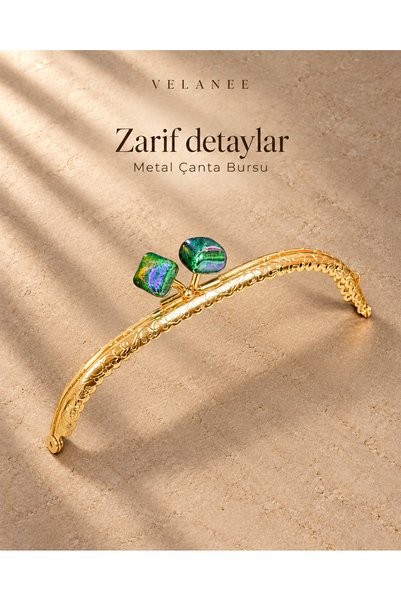 VELANE STORE Zümrüt Yeşil Taşlı Oval Metal Çanta Bursu – Altın Rengi 15 cm