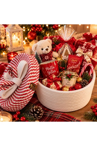 Ckdesign Handmade Red and White String Decorative Covered Basket Pouch, Christmas Gift Basket and Multi-Purpose Organizer